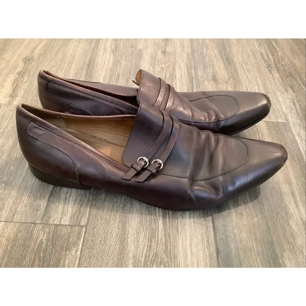 GUCCI Men's 12D Brown Leather Double Strap Slip On Loafers Shoes Italian V5-15
